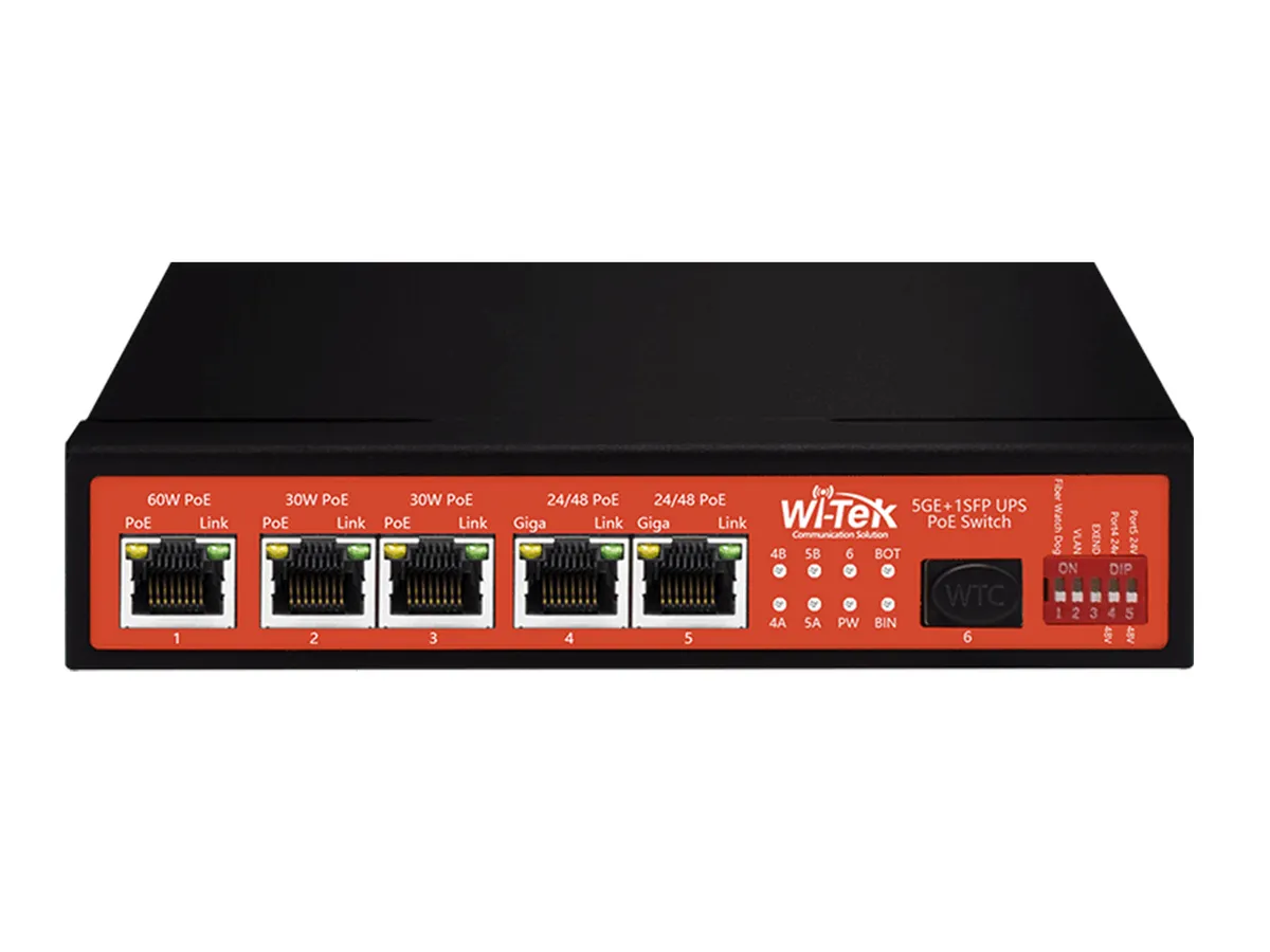 WI-PS306GF-UPS, Коммутатор неуправляемый с функцией UPS, 5хGE PoE + 1хSFP, DIP переключатель
