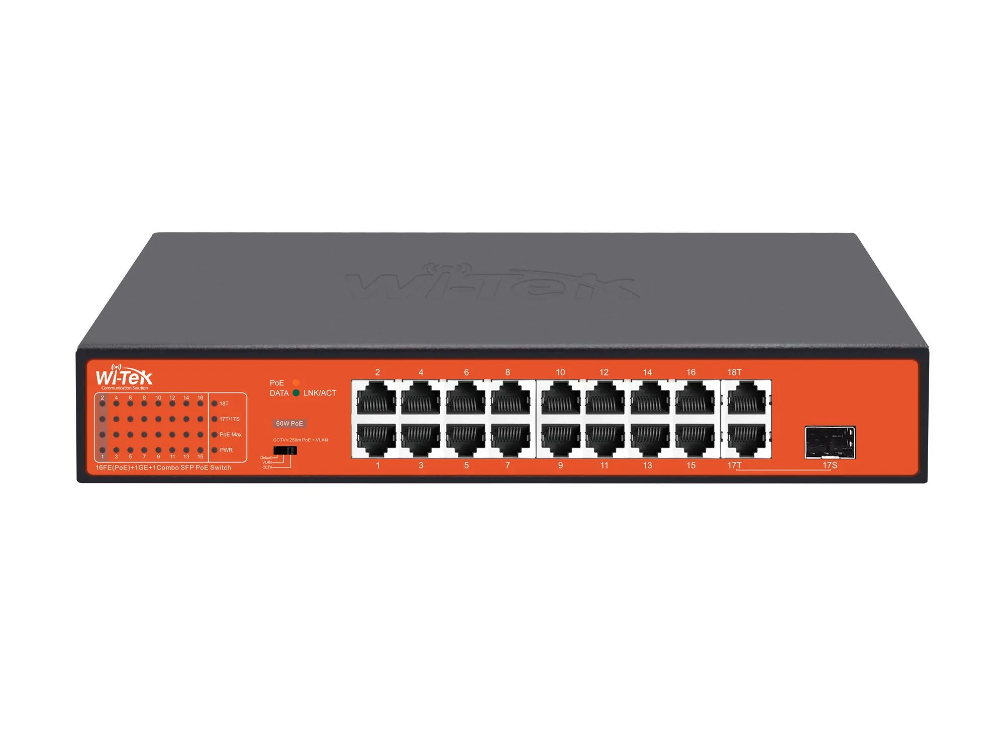 WI-PS518G, Коммутатор неуправляемый PoE 200Вт, порты 16 PoE FE, 1GE, 1Combo, режим 250м, Watchdog